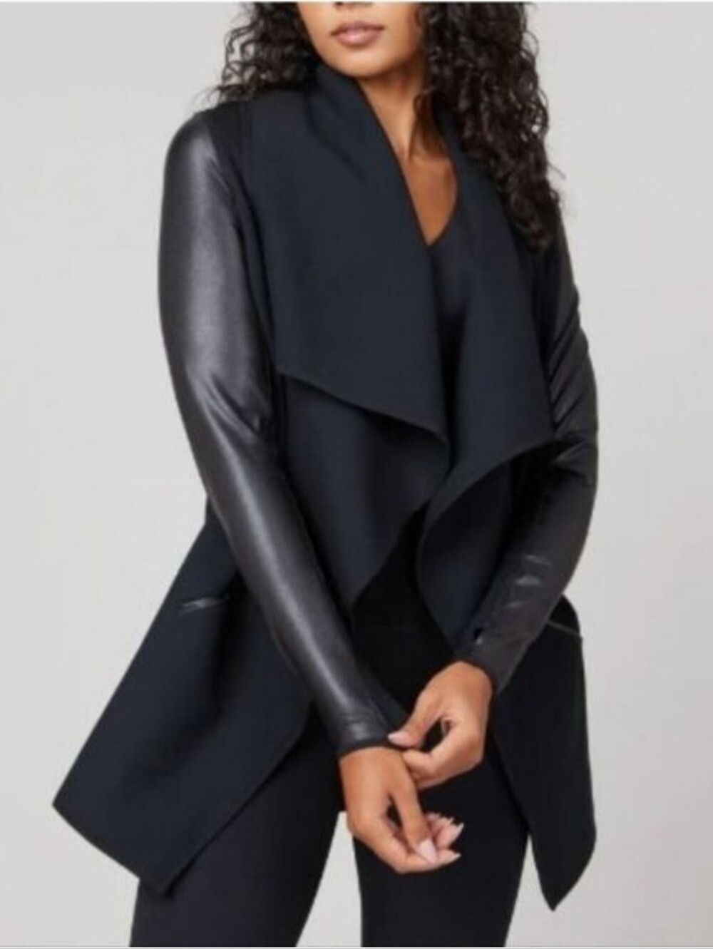 SPANX Faux Leather Convertible Drape Front Jacket Black Size S